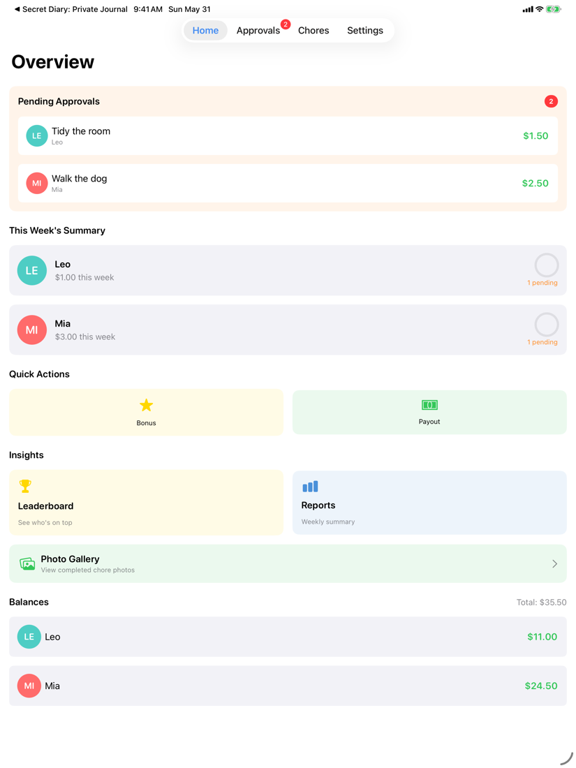 Family Chore Chart Pro parent dashboard on iPad showing pending approvals, weekly summary, and balances